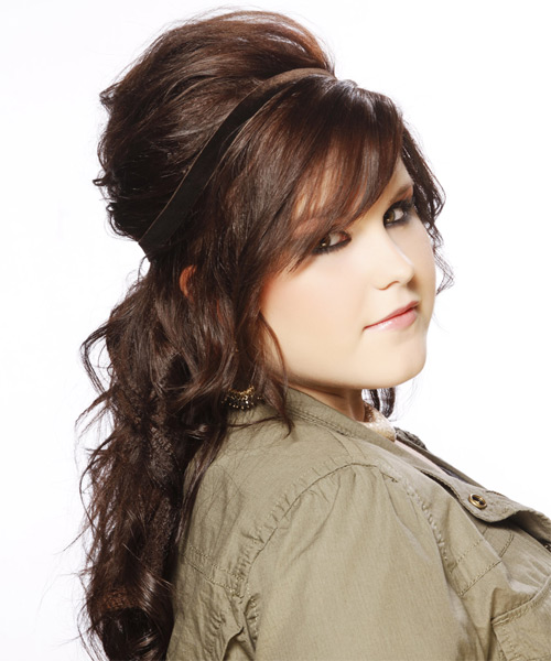 Long Curly    Mahogany Brunette Half Up Half Down Hairstyle with Side Swept Bangs - side on view
