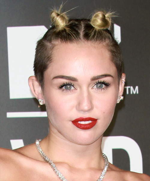 Miley Cyrus Short Hairstyle With Double Top Knots
