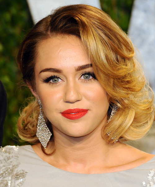 Miley Cyrus Medium Wavy    Golden Blonde   Hairstyle