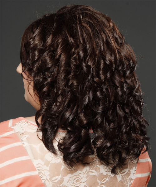 Mid-Length Mocha Hairstyle With Curtain Bangs And Tight Curls - side on view