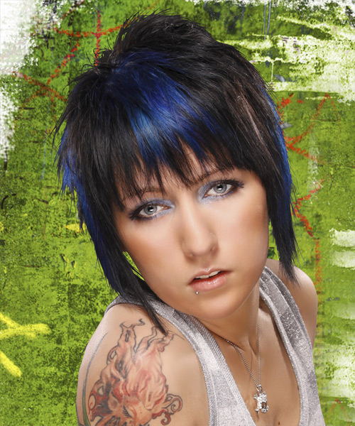 Short Black Ash Hairstyle With Blue Highlights
