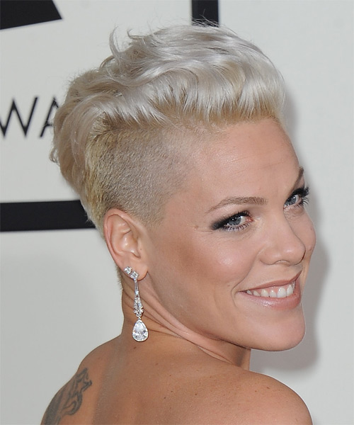 Pink Short Straight   Light Platinum Blonde  Hairstyle - side on view