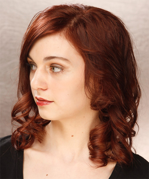 Medium Curly   Dark Mahogany Red  Hairstyle - side on view