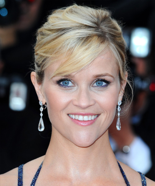 Reese Witherspoon  Long Straight   Light Blonde and  Brunette Two-Tone  Updo Hairstyle with Side Swept Bangs