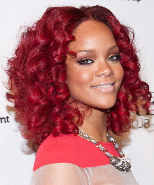 Rihanna Medium Bright Red Curly Bob - side view