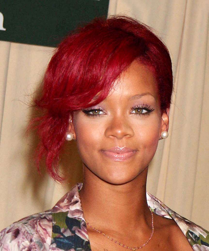 Rihanna Hot Red Updo with Side Swept Bangs