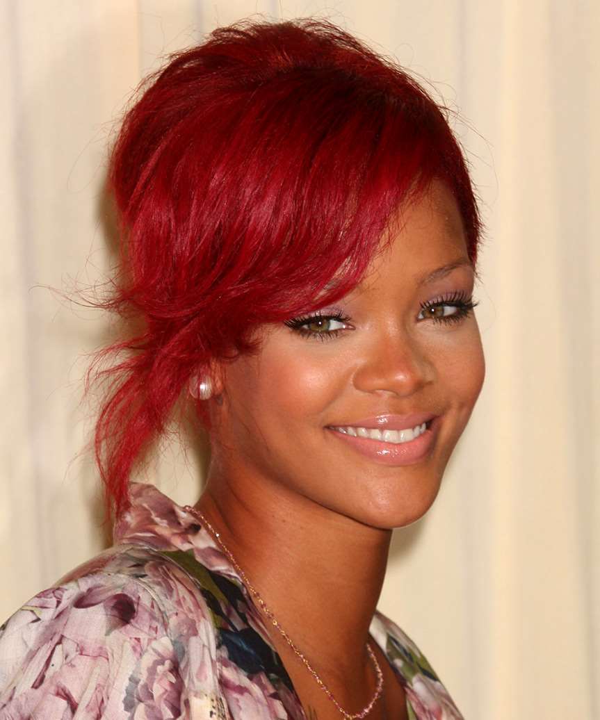 Rihanna Hot Red Updo with Side Swept Bangs - side view