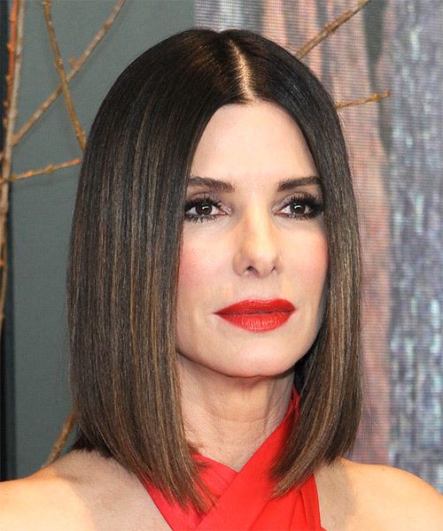 Sandra Bullock Medium Straight   Black  Bob  Haircut - side on view