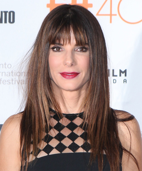 Sandra Bullock Long Straight   Dark Mocha Brunette   Hairstyle with Blunt Cut Bangs