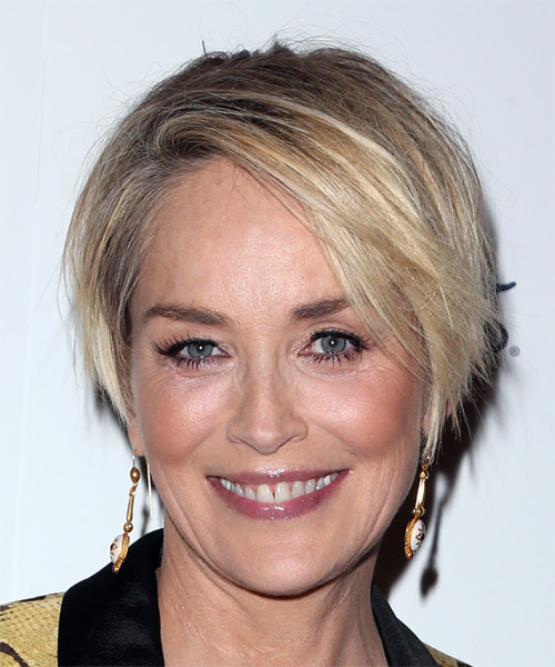 Sharon Stone Short Straight   Light Honey Blonde Bob  Haircut with Side Swept Bangs