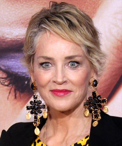 Sharon Stone Short Wavy    Grey Bob  Haircut with Side Swept Bangs  and  Blonde Highlights