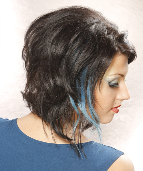 Medium Wavy   Blue  and Dark Brunette Two-Tone  Hairstyle   with Blue Highlights - side view