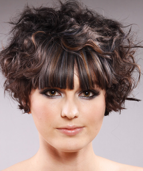 Short Dark Brown Hairstyle With Curls And Blunt Cut Bangs