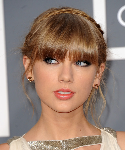 Taylor Swift  Long Straight   Dark Golden Blonde Braided Updo Hairstyle with Blunt Cut Bangs