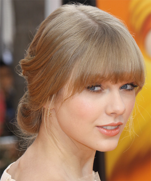 Taylor Swift  Long Straight   Dark Blonde  Updo Hairstyle with Blunt Cut Bangs - side on view