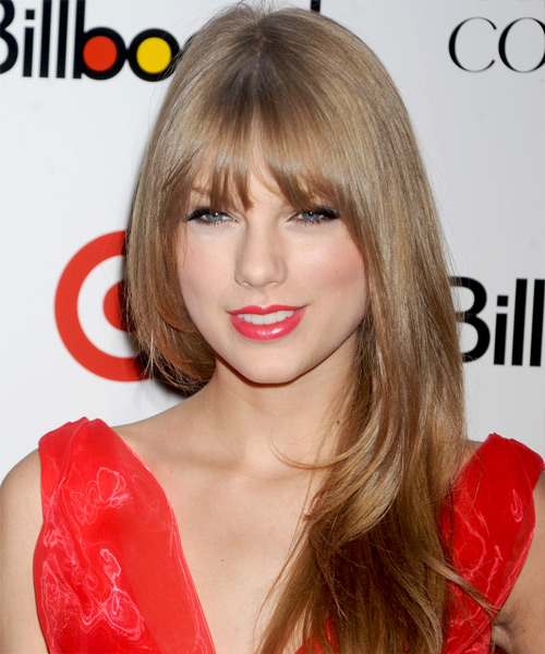 Taylor Swift Long Straight   Light Caramel Brunette   Hairstyle with Blunt Cut Bangs