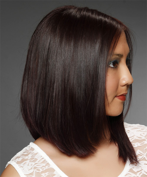 Smooth Shoulder-Length Dark Brunette Hairstyle - side on view
