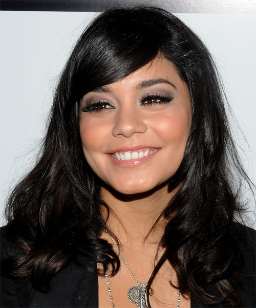 Vanessa Hudgens Long Wavy   Black    Hairstyle with Side Swept Bangs - side on view