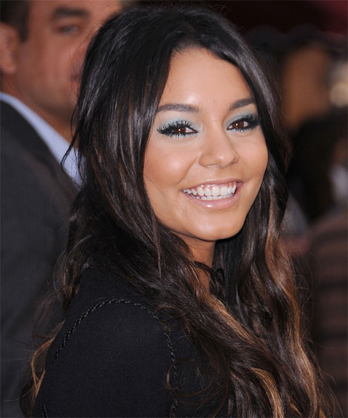 Vanessa Hudgens Long Wavy   Dark Brunette   Hairstyle   with  Brunette Highlights - side on view