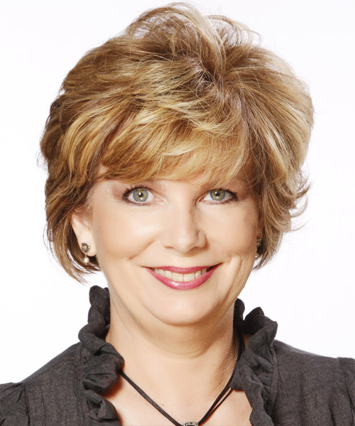 Short Dark Caramel Blonde Blow-Waved Hairstyle With Light Blonde Highlights