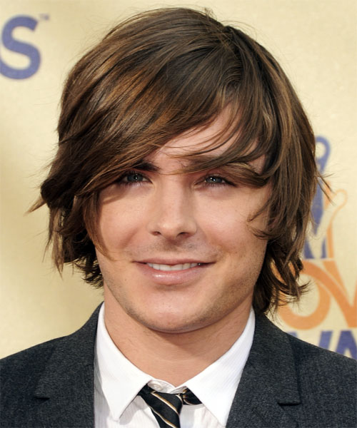 Zac Efron Medium Straight   Dark Brunette   Hairstyle with Side Swept Bangs
