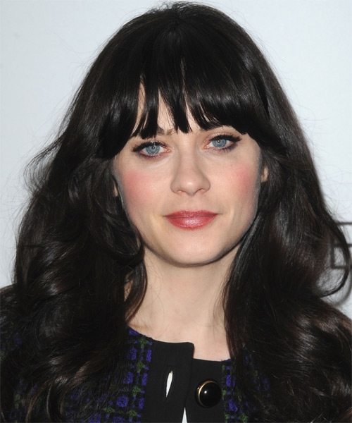 Zooey Deschanel Long Wavy   Black    Hairstyle with Blunt Cut Bangs
