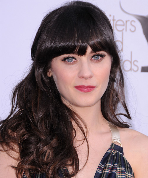 Zooey Deschanel Long Wavy   Mocha   Hairstyle with Blunt Cut Bangs