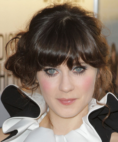 Zooey Deschanel  Long Curly   Dark Brunette  Updo Hairstyle with Blunt Cut Bangs