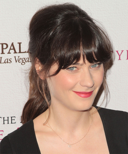Zooey Deschanel  Long Straight   Dark Brunette  Updo Hairstyle with Blunt Cut Bangs - side view