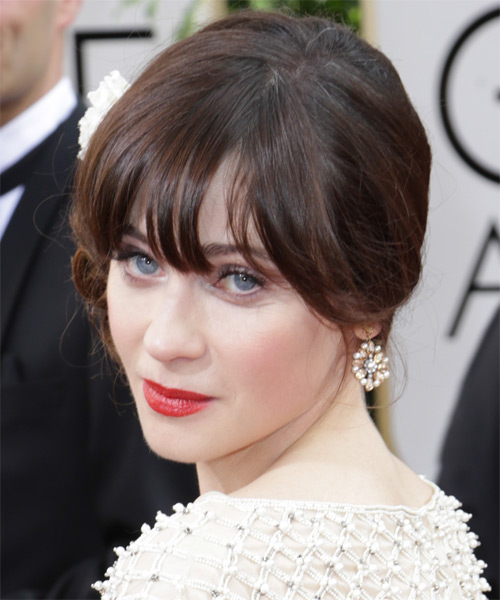 Zooey Deschanel  Long Curly   Dark Chocolate Brunette  Updo Hairstyle with Blunt Cut Bangs - side on view