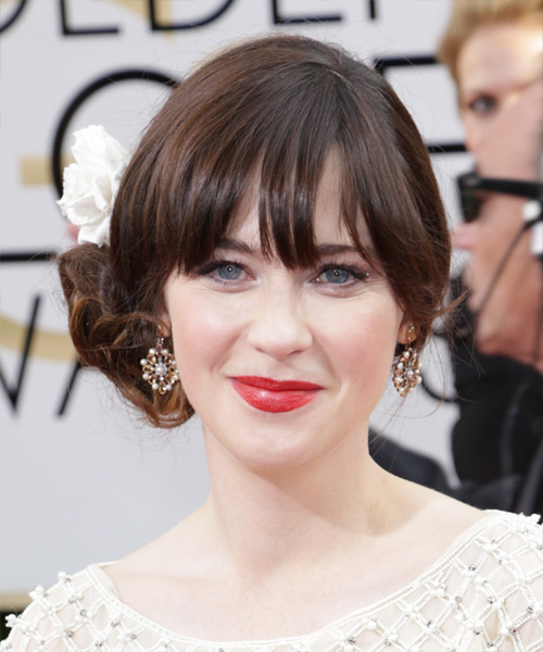 Zooey Deschanel  Long Curly   Dark Chocolate Brunette  Updo Hairstyle with Blunt Cut Bangs